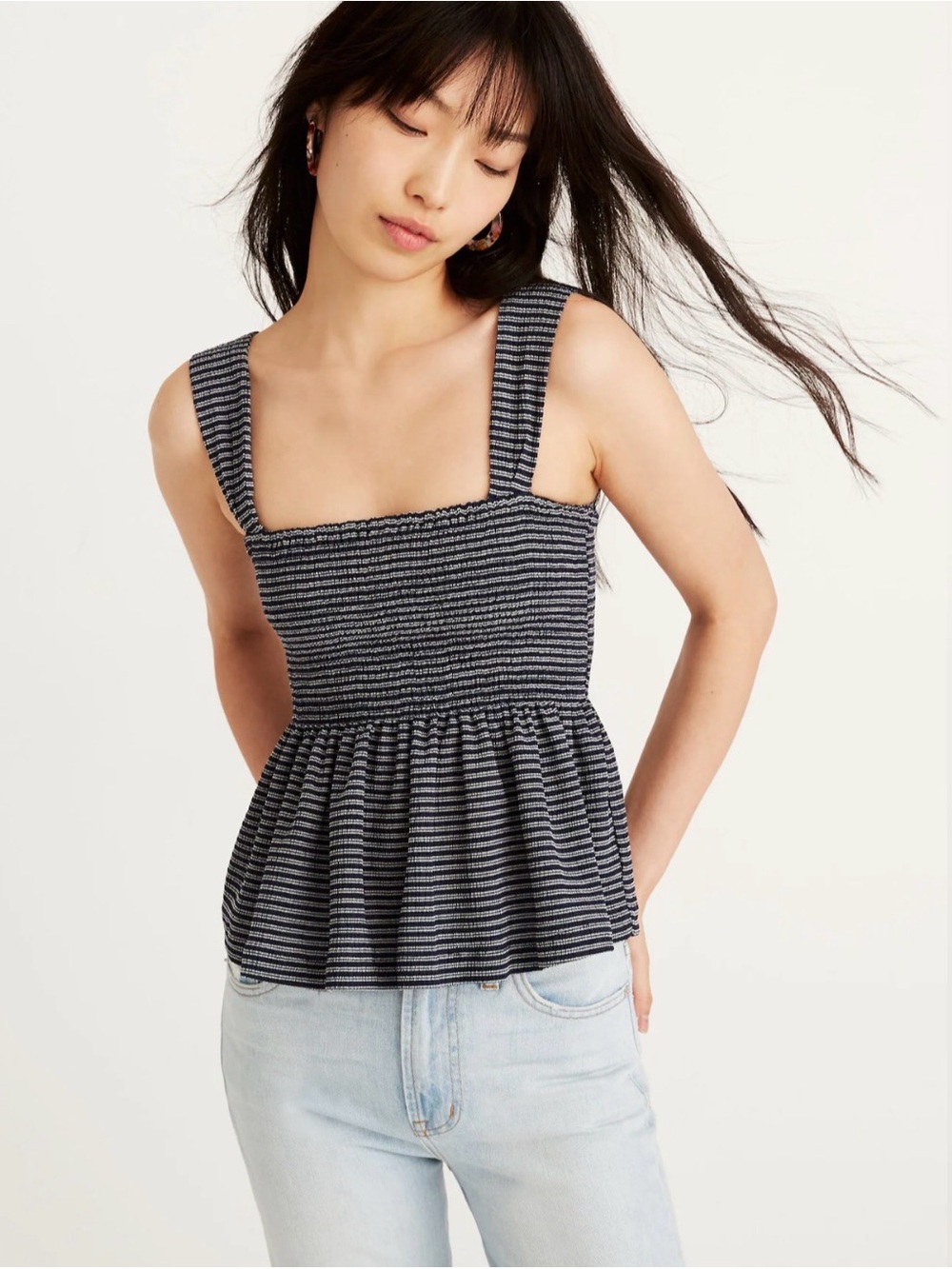 Madewell Texture & Thread Black & White Striped Smocked Peplum Camisole